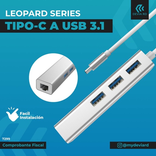 [HUB usb plateado RJ45] DEVIA LEOPARD TYPE-C 3.1 TO RJ45/USB 3.0