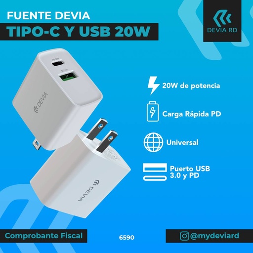 [Cargador Blanco de 20 W USB 3.0 y USB C] DEVIA SMART SERIES PD & QC QUICK CHARGER US 20W