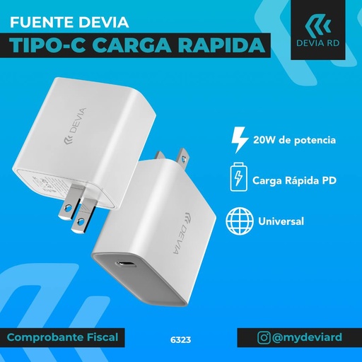 [Cargador Blanco 20 W USB C de un canal] DEVIA SMART SERIES PD QUICK CHARGER US 20 W